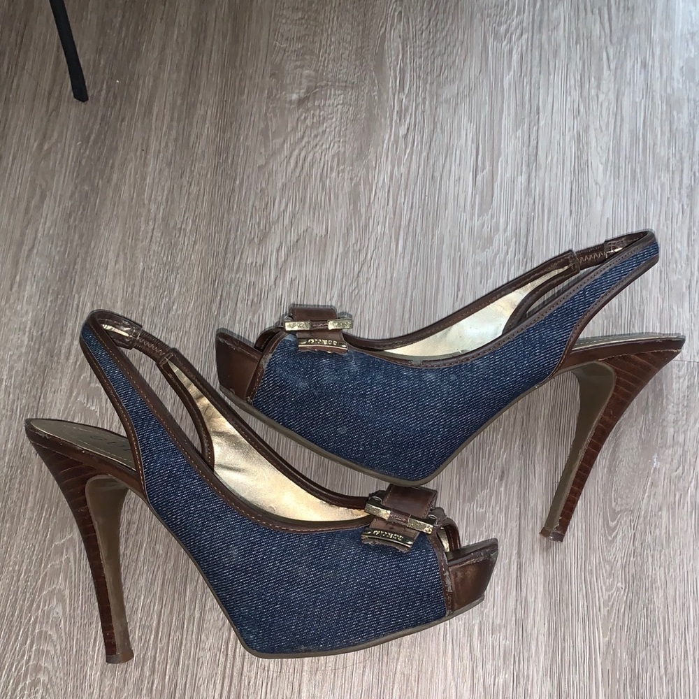 Guess Denim Gold Buckle Peep-toe Heels - 7M